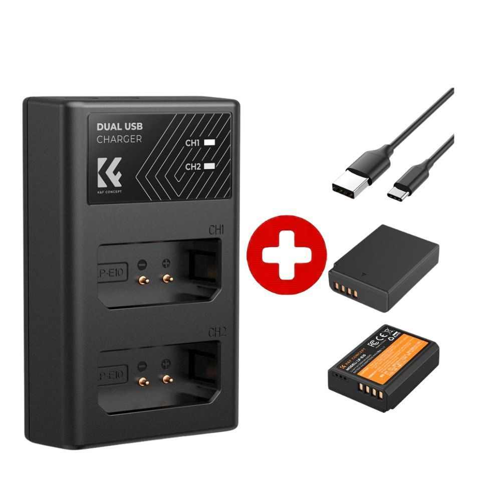 Imagen 1 del producto Combo: Cargador dual K&F Concept con doble ranura y 2 baterías LP-E10 de 1200mAh, USB-C/Micro USB, para Canon EOS, negro